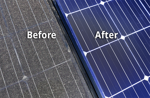 Side-by-side comparison of a dirty solar panel and a clean solar panel